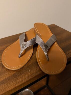 Coach Tan Footbed Sandals with Metallic Silver V-Strap